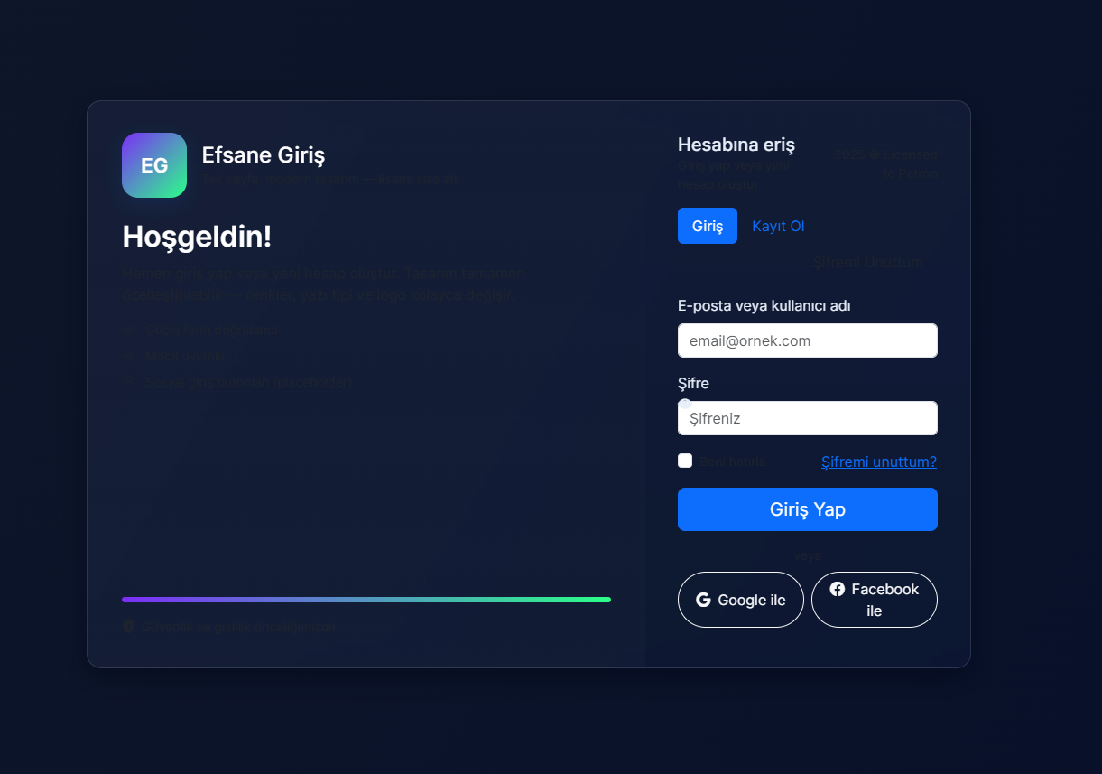 Efsane Bootstrap Giriş & Kayıt Sayfası – Tek Sayfa Modern Tasarım