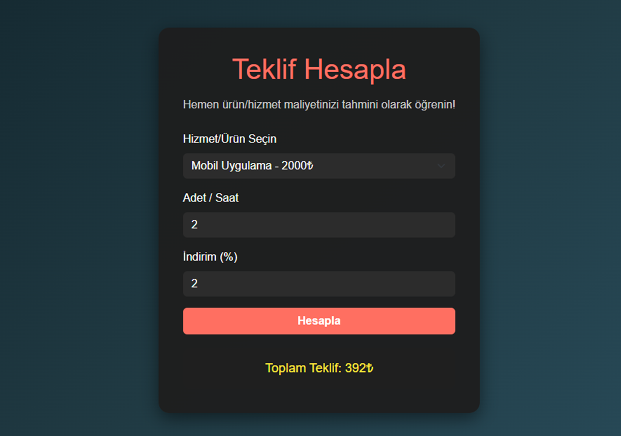 Modern ve Mobil Uyumlu Teklif Hesaplama Formu – Satışa Hazır!