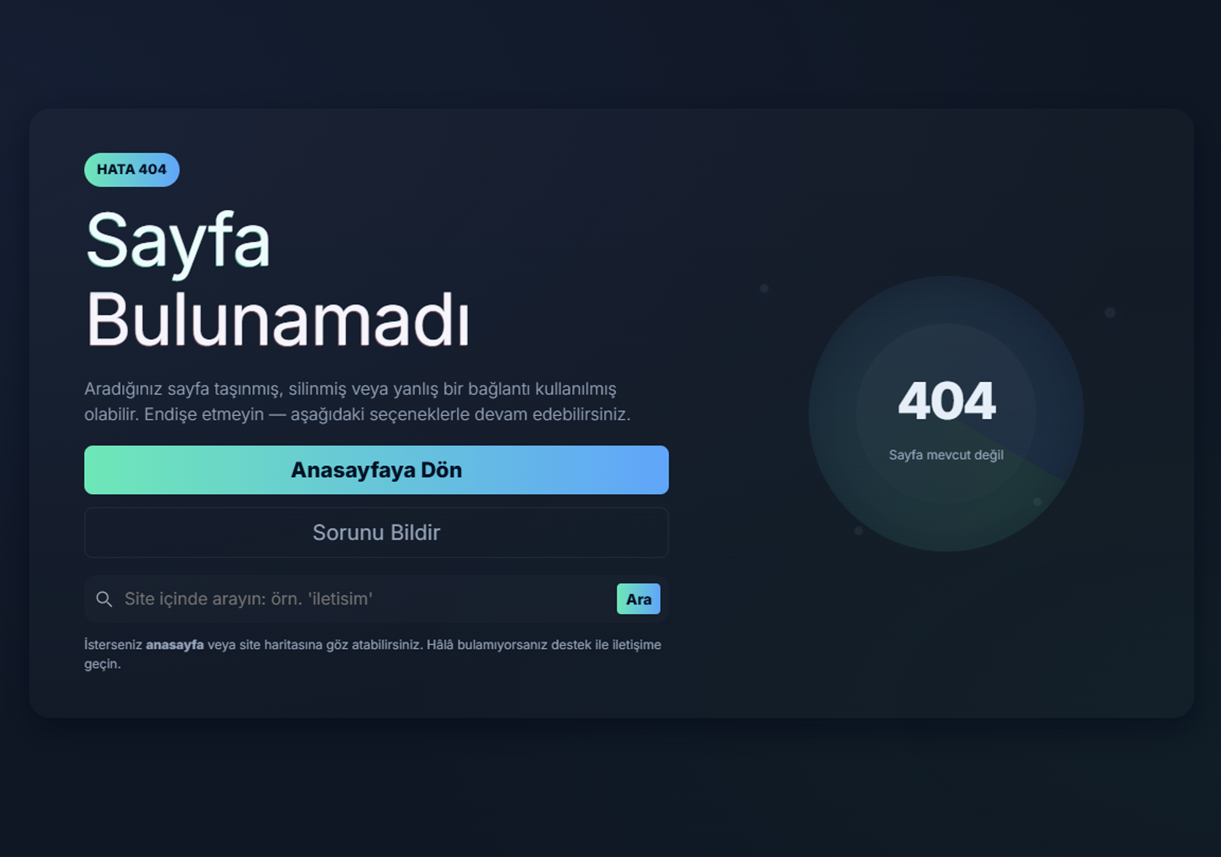 Profesyonel, Mobil Uyumlu ve Animasyonlu 404 Hata Sayfası